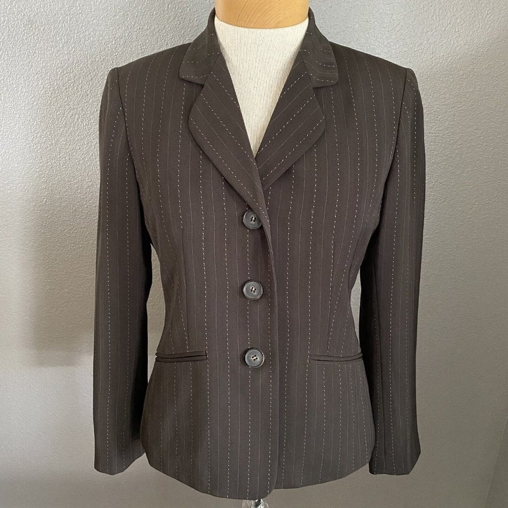 Le Suit Blazer Women's Size 4 Petite 4P Brown Pink Stripes Button Closure Ladies
